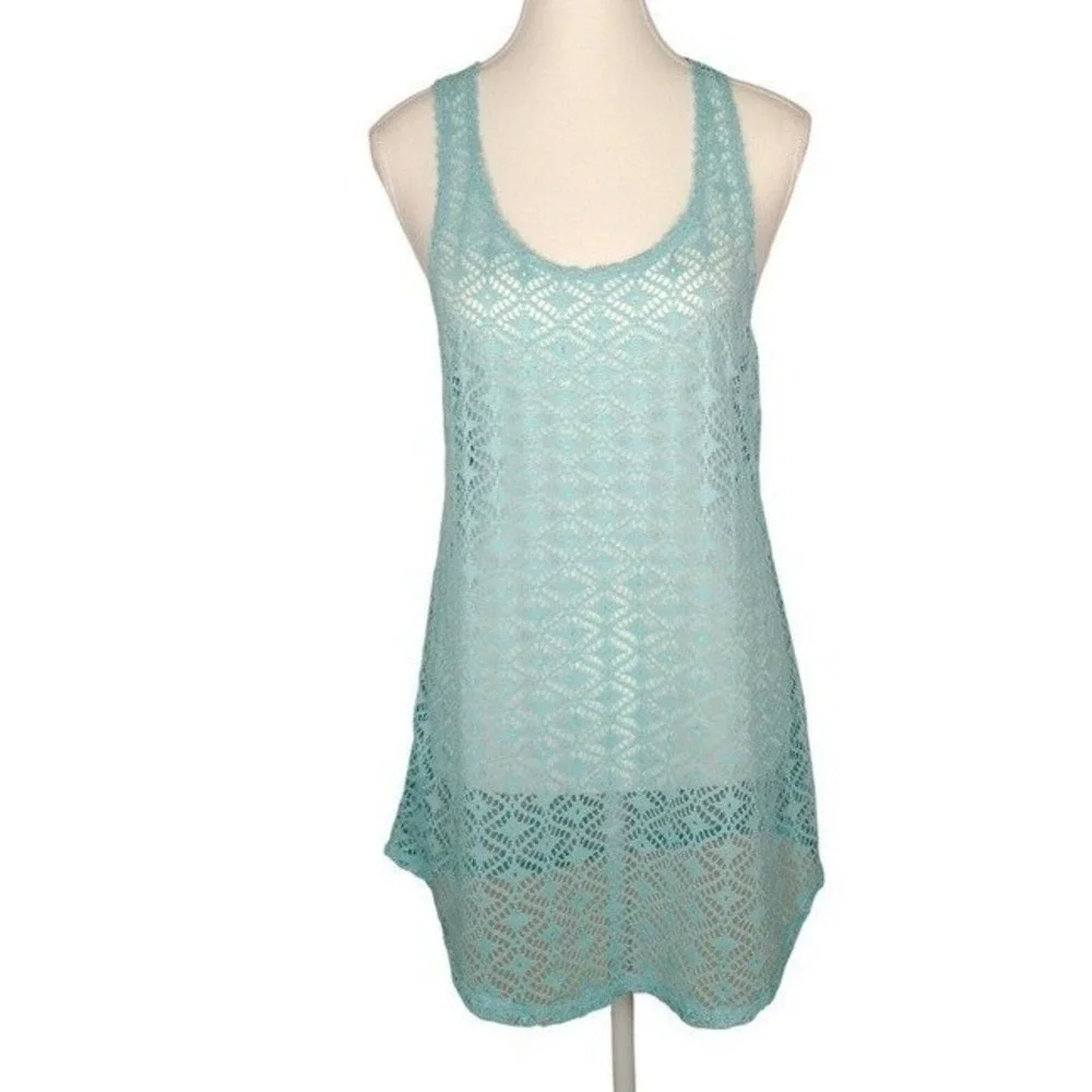 MIKEN Swim Aqua Blue Crochet Racerback Swim Cover Up Tank Top Women M